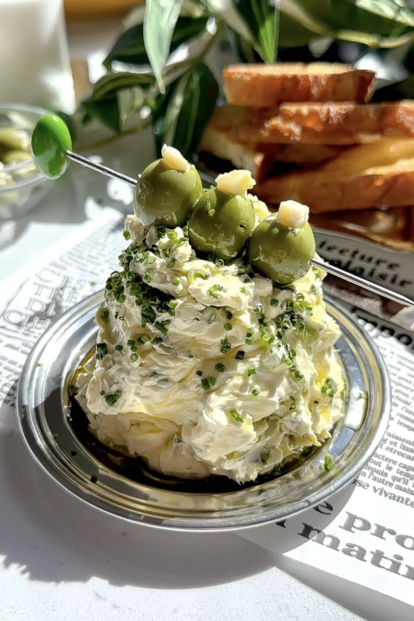A tall mound of fluffy whipped butter with herbs and blue cheese, garnished with three castelvetrano olives on a skewer, served on a silver plate with toasted bread in the background.