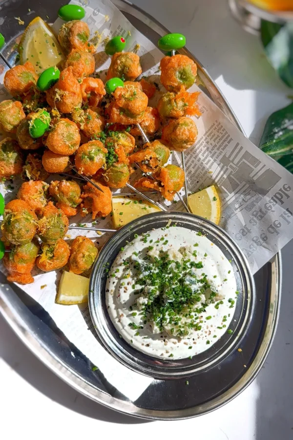 fried olives stuffed with blue cheese served with creamy olive dip