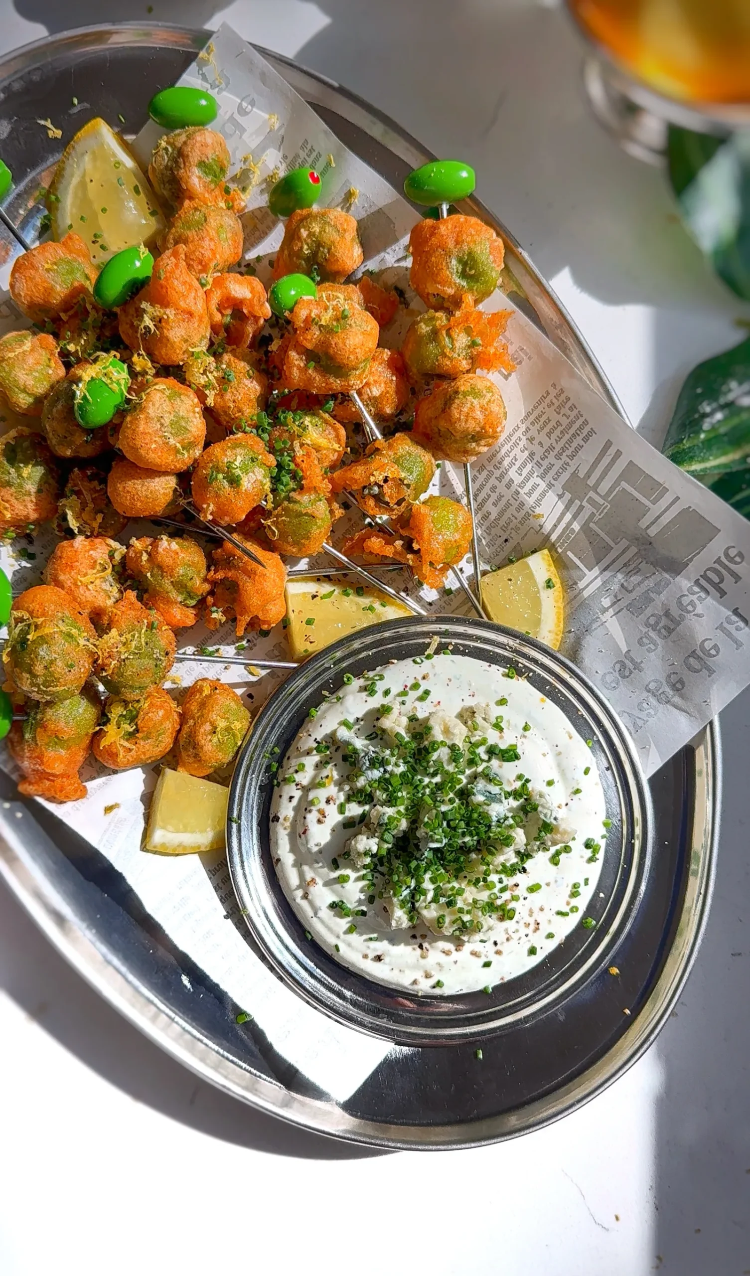 fried olives stuffed with blue cheese served with creamy olive dip