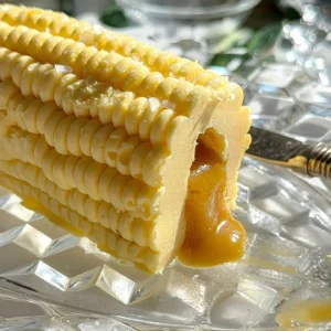 Close up cross-section of a corn-shaped butter cob sliced open to reveal a thick liquid honey and miso filling spilling onto a glass plate.