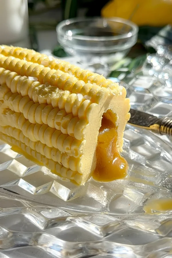 Close up cross-section of a corn-shaped butter cob sliced open to reveal a thick liquid honey and miso filling spilling onto a glass plate.