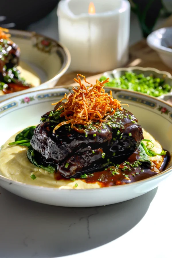 Boneless short ribs glazed with dark red wine sauce served over creamy polenta with spinach and crispy parsnips