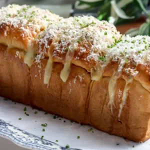 A whole baked cheesy garlic pull-apart brioche loaf stuffed with melted cheese and topped with fresh herbs, sitting on a dark surface.