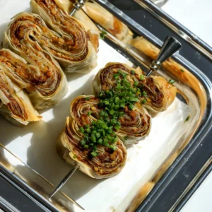 Vertical close up of crispy phyllo skewers with whipped feta and fresh chives on a silver tray.