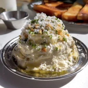 Close-up view of savory whipped butter infused with roasted garlic and brown butter, topped with herbs and flaky salt, sitting next to toasted bread.