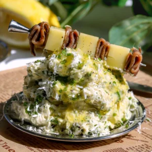 A close-up of Caesar whipped butter piled on a plate over French-script parchment paper, topped with fresh herbs, grated cheese, and an anchovy and parmesan skewer with a lemon in the background.