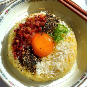 Overhead view of a vibrant bowl of Wafu Carbonara Tamago Kake Gohan (TKG) featuring a glossy raw egg yolk, crispy rendered pancetta, and a snowfall of finely microplaned pecorino cheese.