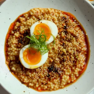 Overhead view of a bowl of Ramen Egg Pastina in a rich miso bone broth with acini di pepe, topped with a jammy soft-boiled ramen egg, crisp curly green onions, and smoky salsa macha.