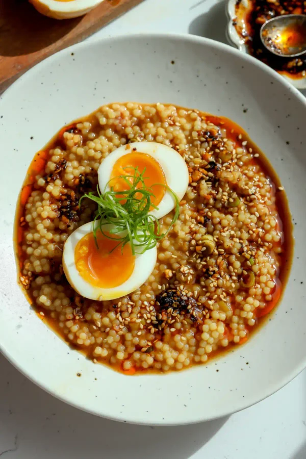 Overhead view of a bowl of Ramen Egg Pastina in a rich miso bone broth with acini di pepe, topped with a jammy soft-boiled ramen egg, crisp curly green onions, and smoky salsa macha.