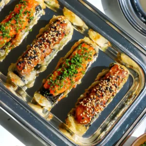 An overhead view of tempura sushi taquitos on a silver serving tray, topped with either creamy spicy tuna and sesame seeds or cured spicy salmon and fresh chives.