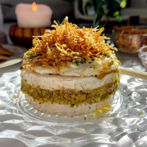 Baklava Brie Cake topped with golden crispy phyllo strands, crushed pistachios, whipped brie, and a honey drizzle on a glass cake stand