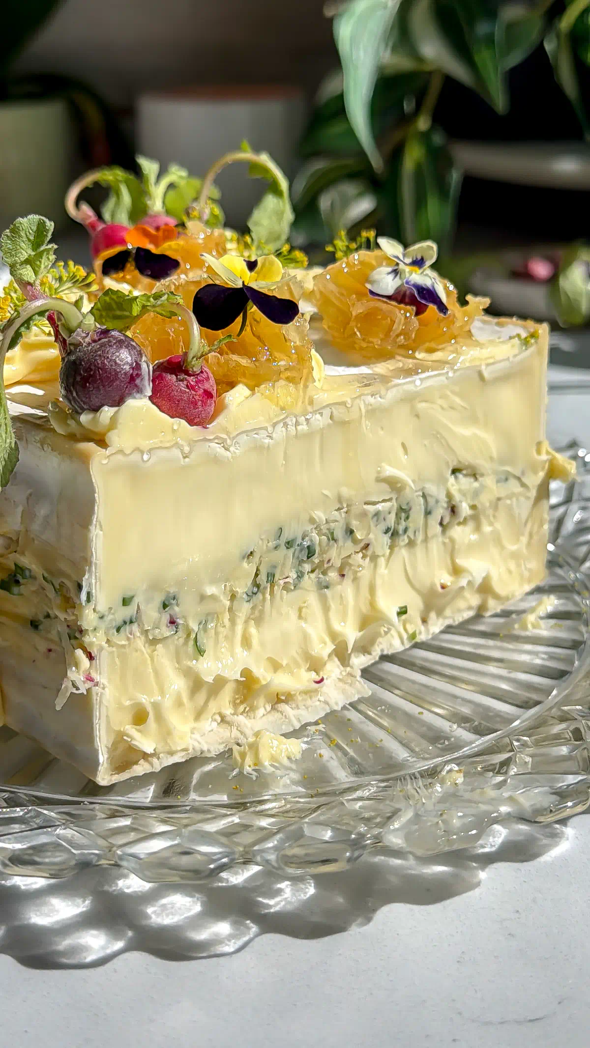 Saint Angel brie square that has been cut in half and layered with a whipped radish butter brie. The brie cake is then frosted with more whipped butter and decorated with mini radishes, edible flowers and honeycomb. It has been sliced in half to show the layers and it is sitting on a crystal plate.