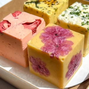 Four square blocks of a summer compound butter flight in a box, featuring strawberry, pressed cherry blossom, jalape&ntilde;o corn, and garlic chive flavors.