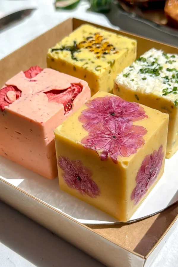 Four square blocks of a summer compound butter flight in a box, featuring strawberry, pressed cherry blossom, jalapeño corn, and garlic chive flavors.