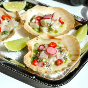 Hamachi yellowtail ceviche in scallop shells arranged on a silver serving tray with lime wedges and cilantro oil.