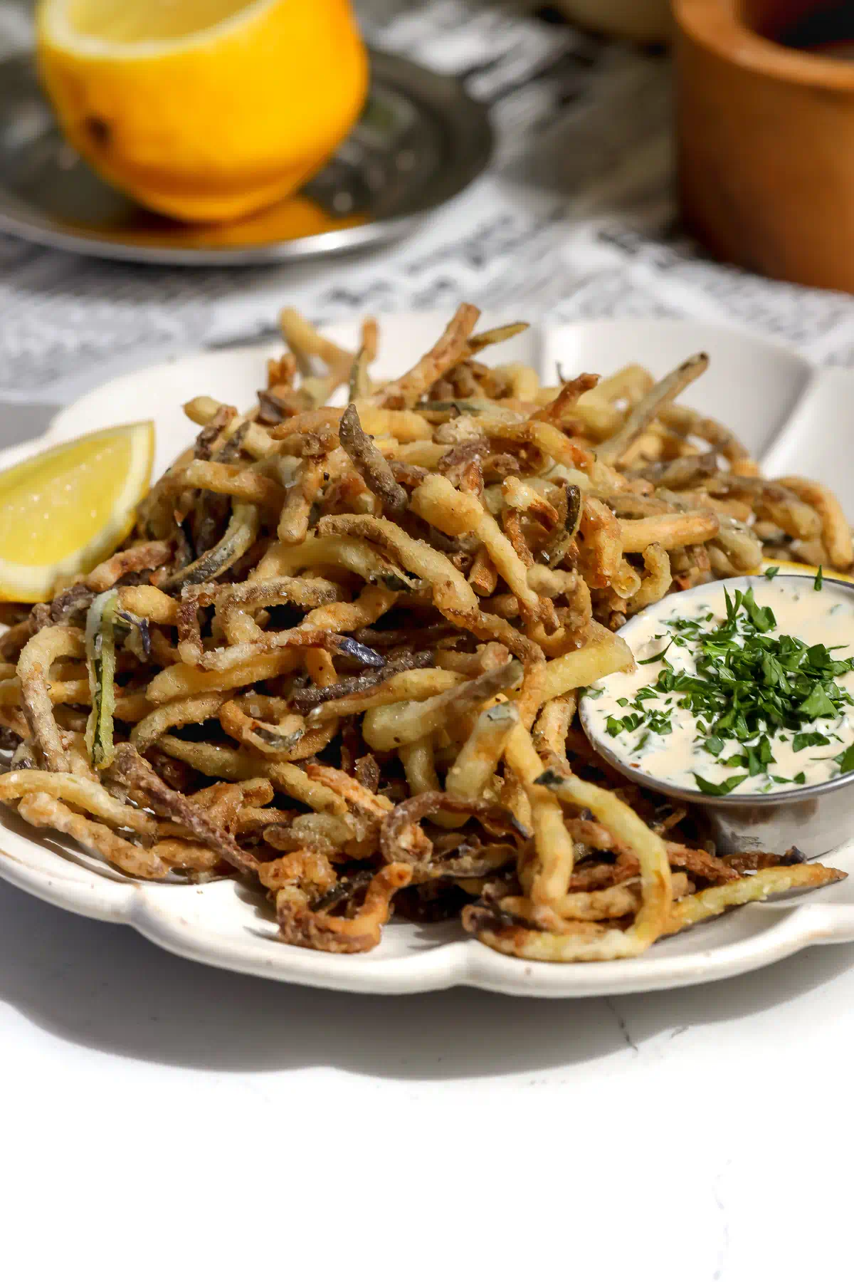 Crispy deep fried zucchini and eggplant fries piled on a white plate with a small cup of creamy garlic dipping sauce and a lemon wedge