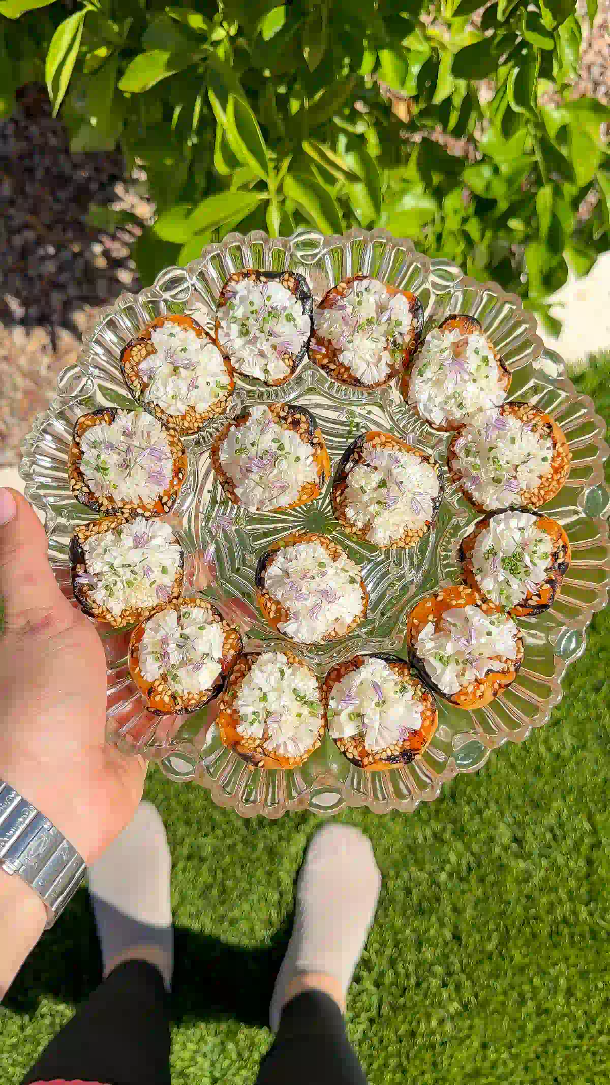 Glass platter of grilled apricot halves topped with cheese rosettes, sesame seeds, and chive blossoms, held outdoors