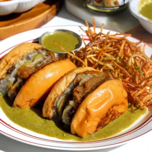 Wagyu burger halves in green entrecôte sauce with a ramekin of sauce and matchstick frites, a jar of Better Than Bouillon behind
