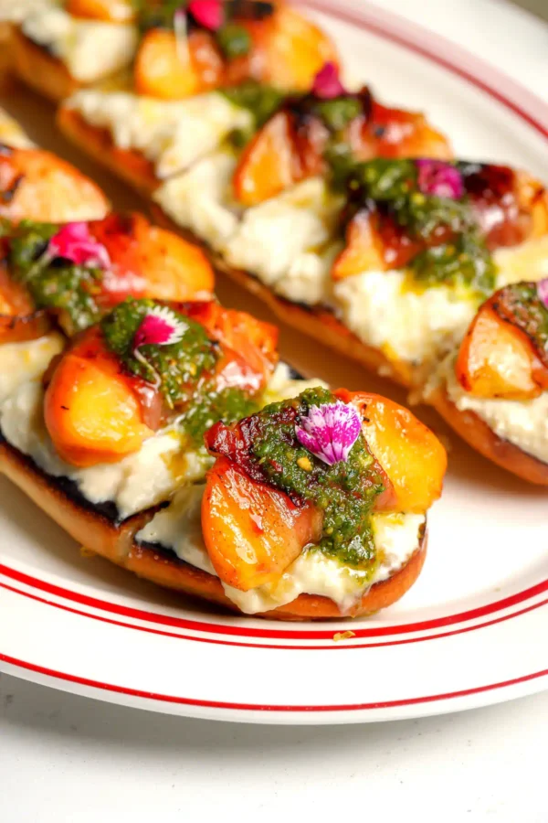 Grilled peach and prosciutto tartine with stracciatella and pistachio herb sauce