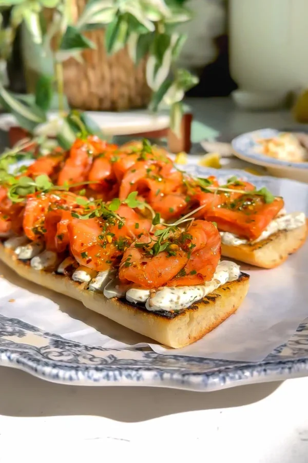 Smoked salmon tartine with whipped caper dill cream cheese and fried shallots on toasted baguette