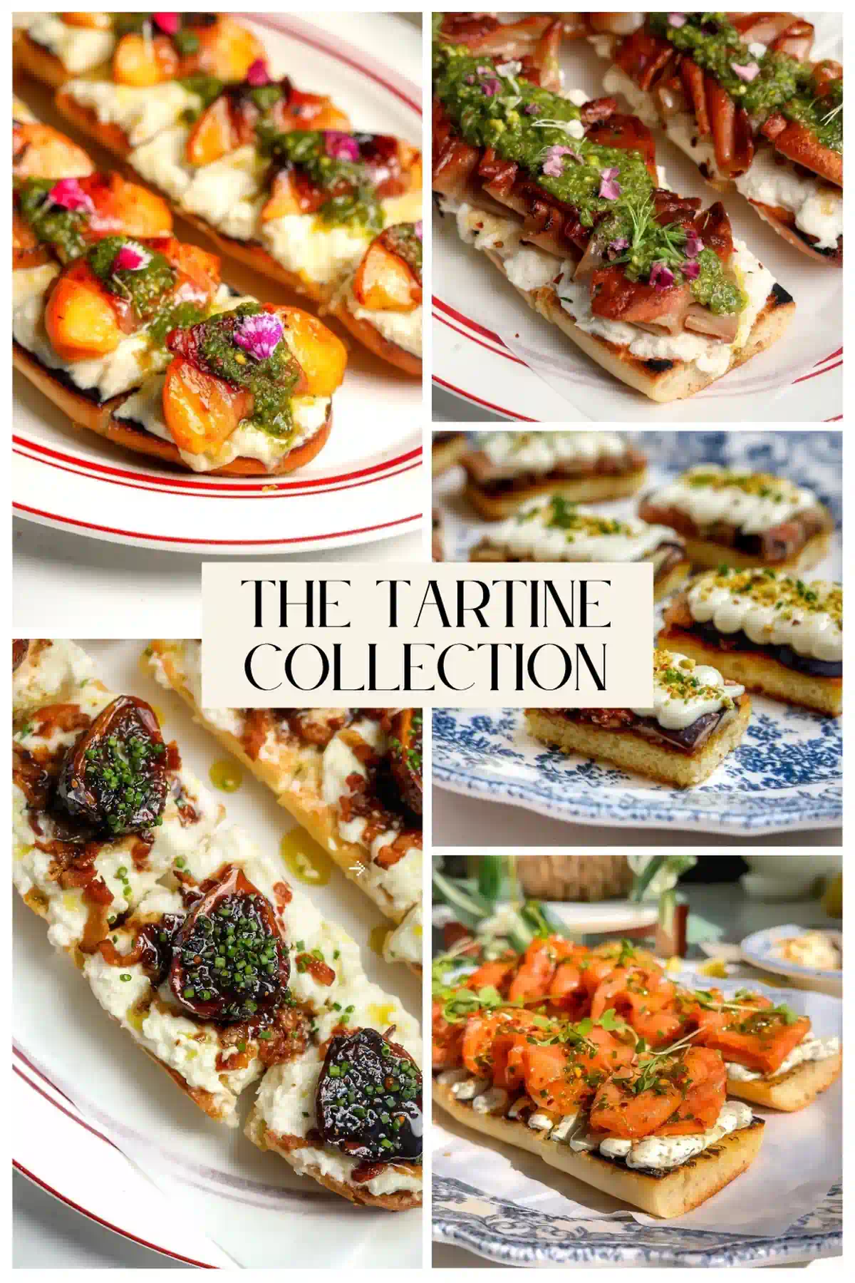Tartine recipes collection with smoked salmon, mortadella, and fig tartines on toasted baguette