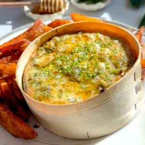A wheel of baked Mont d'Or in its spruce box topped with melted cheese, roasted garlic herb oil, and chives, surrounded by crispy duck fat roasted potatoes on a floral plate.