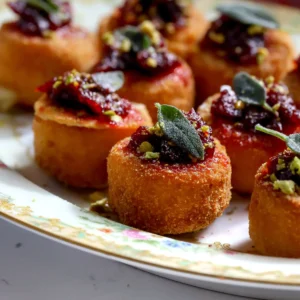 Crispy fried brie bites with cranberry chipotle sauce and fried sage on a gold-rimmed plate.
