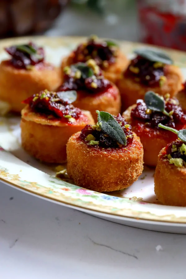 Crispy fried brie bites with cranberry chipotle sauce and fried sage on a gold-rimmed plate.