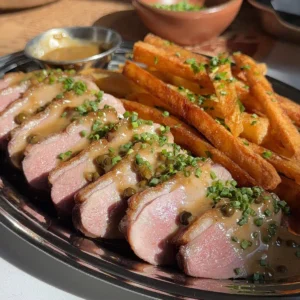 Close-up of medium-rare duck breast slices with crispy skin and rosy pink centers, drizzled with miso ginger pan sauce and chives, frites alongside