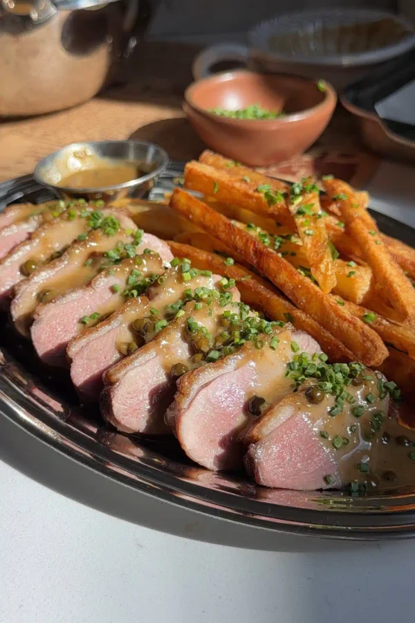 Close-up of medium-rare duck breast slices with crispy skin and rosy pink centers, drizzled with miso ginger pan sauce and chives, frites alongside