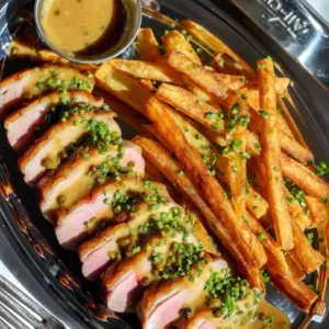 Overhead view of sliced duck breast in miso ginger pan sauce with green peppercorns and chives, next to a pile of golden frites topped with chives