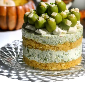 A whole savory dirty martini cheesecake with ritz and potato chip crust layers, blue cheese cream filling, and green olives on top.