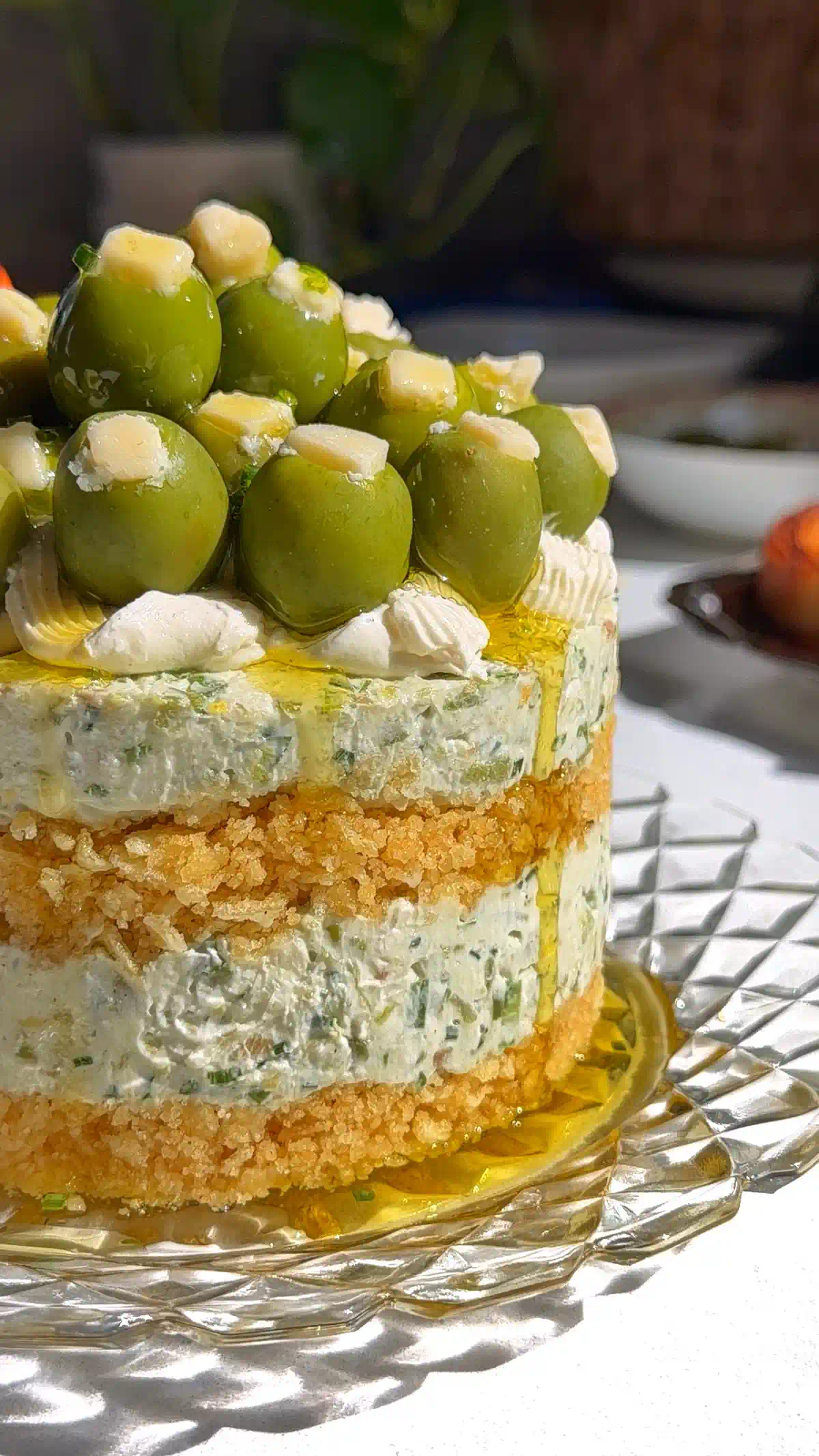 Close up of a savory dirty martini cheesecake showing two crust layers, herbed cream cheese filling, castelvetrano olives, and olive oil.