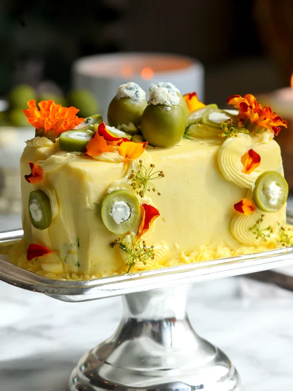 A dirty martini butter cake on a silver pedestal stand topped with blue cheese-stuffed olives, orange edible flowers, and dill flowers