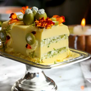 A sliced dirty martini butter cake showing two layers of olive, chive, and blue cheese filling between butter planks