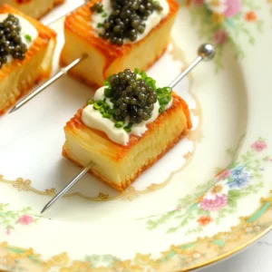 Domino potato skewers topped with crème fraîche, chives, and caviar on a vintage floral china plate, showing the crispy golden layers.