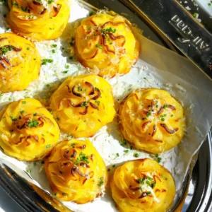 Overhead view of eight duchess potatoes topped with grated Parmesan and chives on parchment in a dark oval tray, next to a sheet pan.