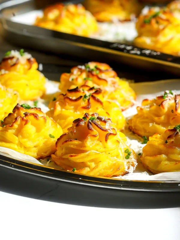Golden baked duchess potatoes with Parmesan and chives on parchment in an oval tray, with a sheet pan of more duchess potatoes behind them.