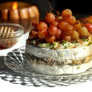 Side view of a roasted grape brie cake showing the pancetta and walnut filling between the layers, topped with grapes on the vine and chives