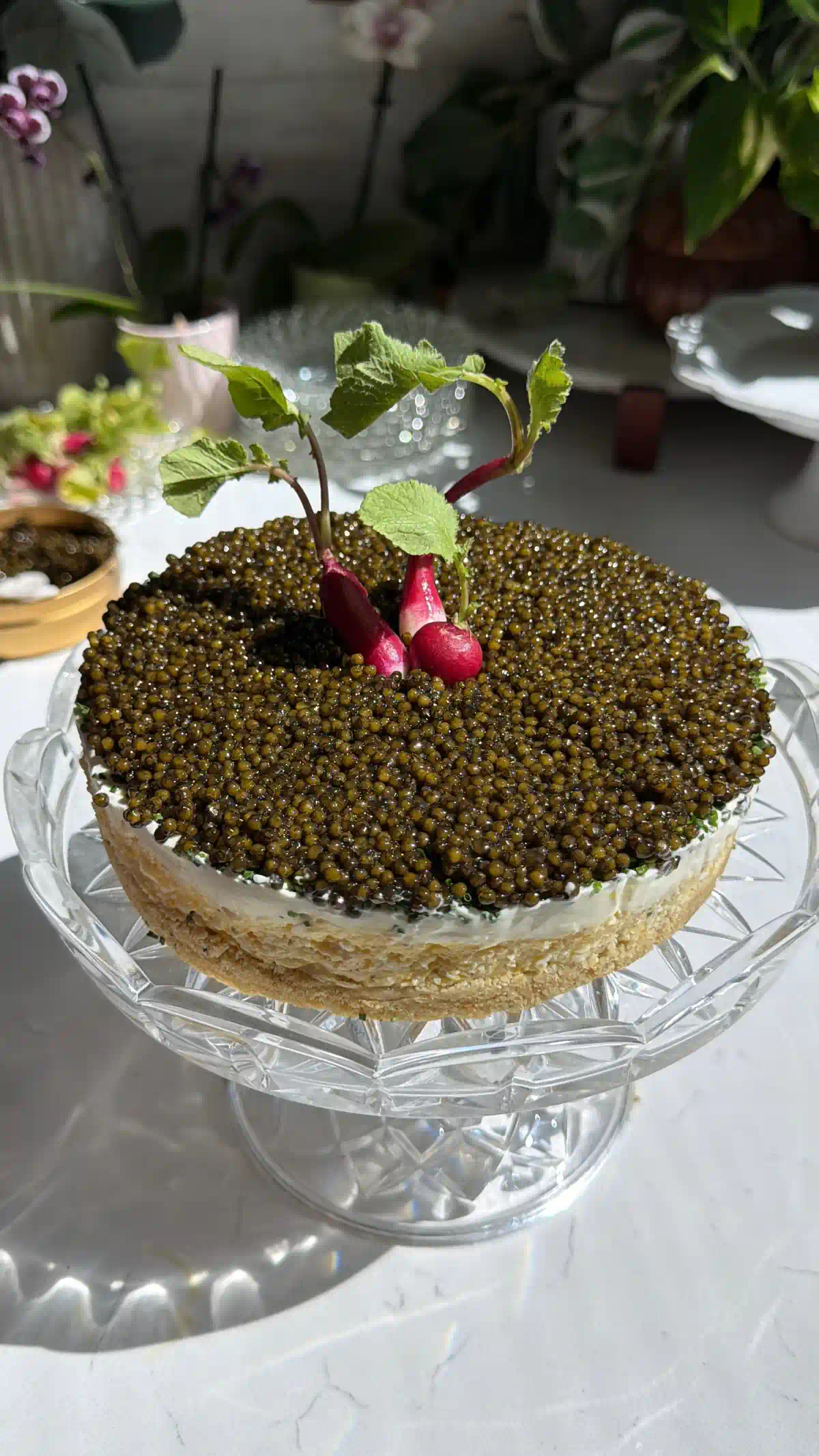 A whole caviar pie covered edge to edge in caviar with radishes in the center, on a crystal cake stand.
