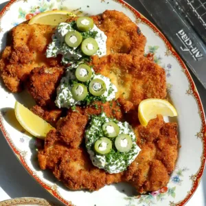 Overhead view of dirty martini chicken topped with tartar sauce, blue cheese stuffed olives and chives, with lemon wedges.