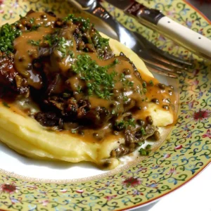 Close-up of browned short ribs with whole green peppercorns in cream sauce, chopped chives, and smooth potato purée.