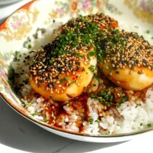 Close-up of tiger skin eggs over white rice, coated in sauce and topped with black and white sesame seeds and chopped chives.